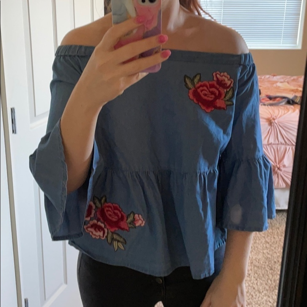 Ana Off the Shoulder Denim Floral Blouse - Picture 2 of 9